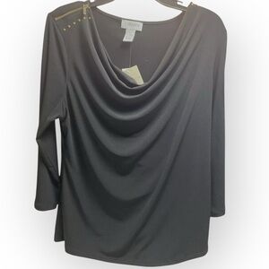 Premise Black Cowl Neck Blouse with Gold Studs and Zippers sz 1X